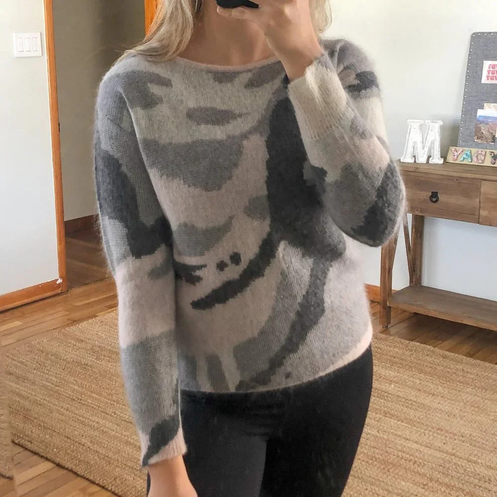 NWT Vince Alpaca Mohair Wool Blend Camo Pastel Long Sleeve Scoop Neck Sweater XS